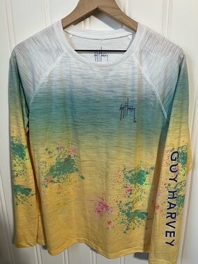 Guy Harvey Paint-Splash Detail Sea Turtle & Fish Tropical Vacation Women’s L